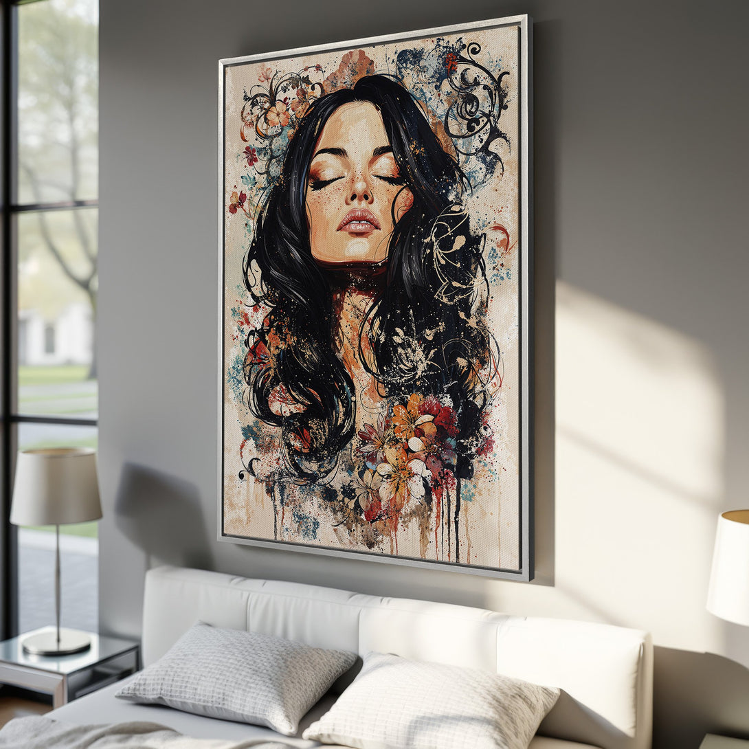 Framed Wall Art: Stunning portrait of a woman with black hair and floral accents. Modern, artistic style with a warm, neutral and colorful palette. Perfect home decor.