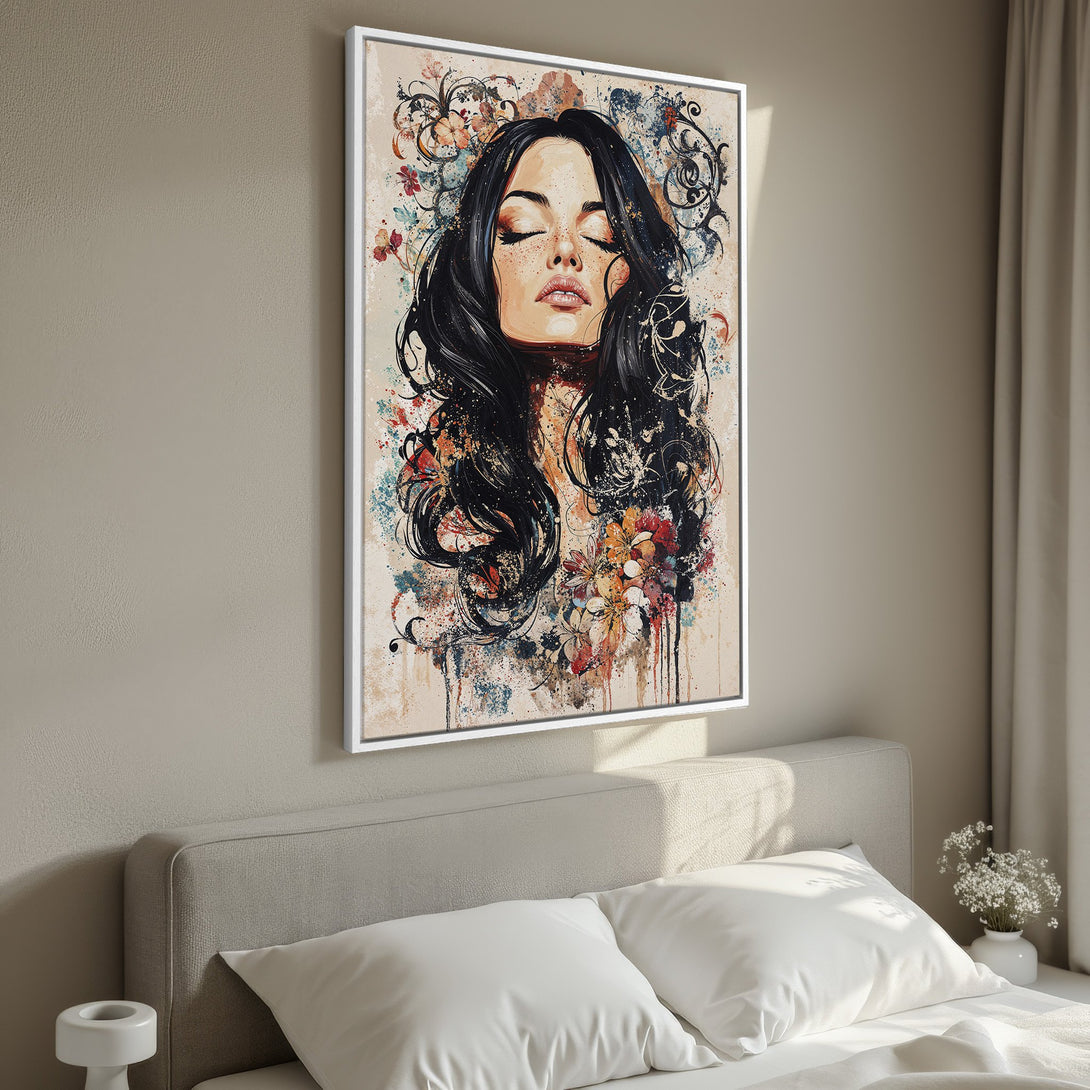 Framed Wall Art: Beautiful woman portrait Canvas Print in watercolor style with warm, earthy tones. Perfect bedroom decor.