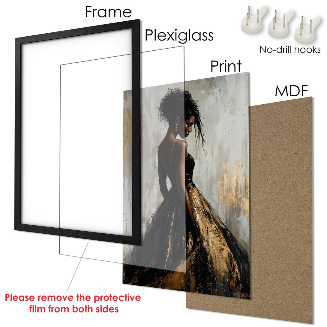 Framed Poster featuring an elegant woman in a black and gold dress, abstract style, neutral color palette. Perfect wall art!