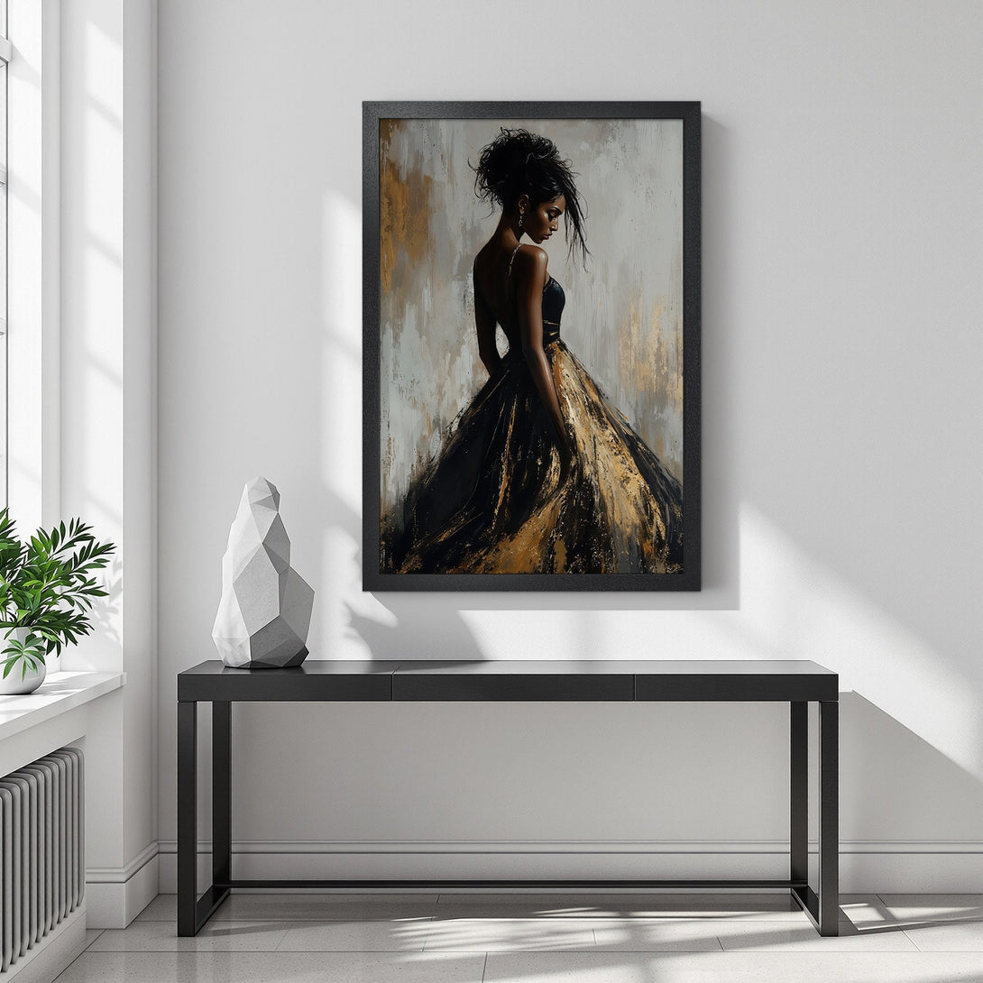 Framed Poster of elegant woman in black and gold dress, abstract style, neutral color palette. Add art to your space!