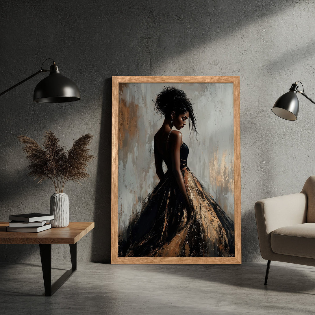 Framed Poster featuring a woman in a dress, abstract style, with a neutral and gold color palette, perfect wall art.