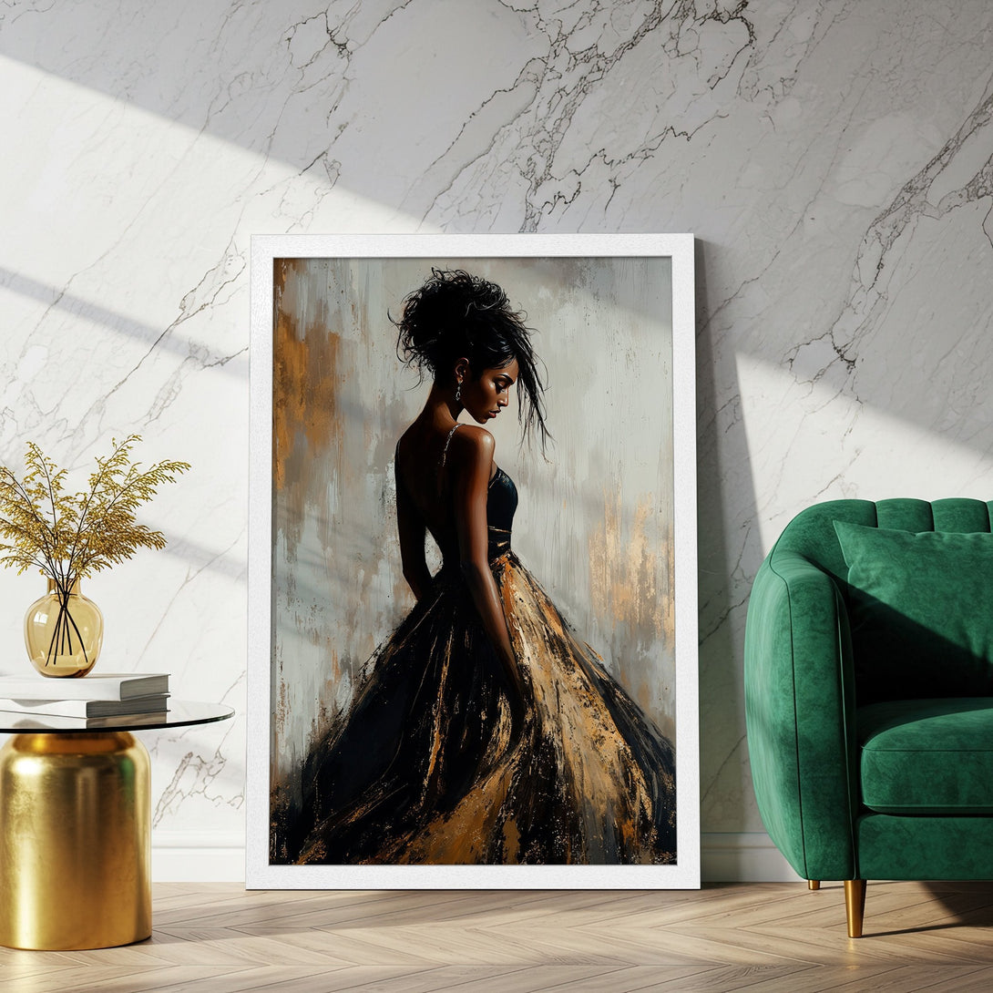Framed Poster featuring an elegant woman in a black and gold dress, artistic style, neutral and gold color palette, perfect wall art.
