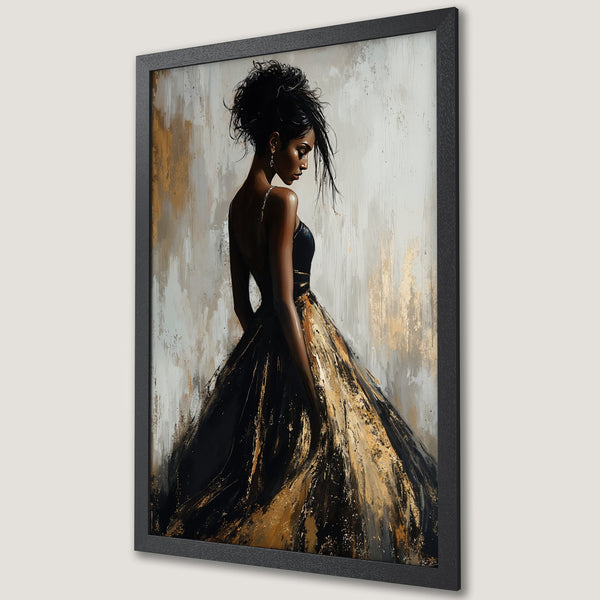 Framed Poster featuring a woman in a black and gold dress. Abstract style with a neutral and gold color palette, perfect for elegant decor.