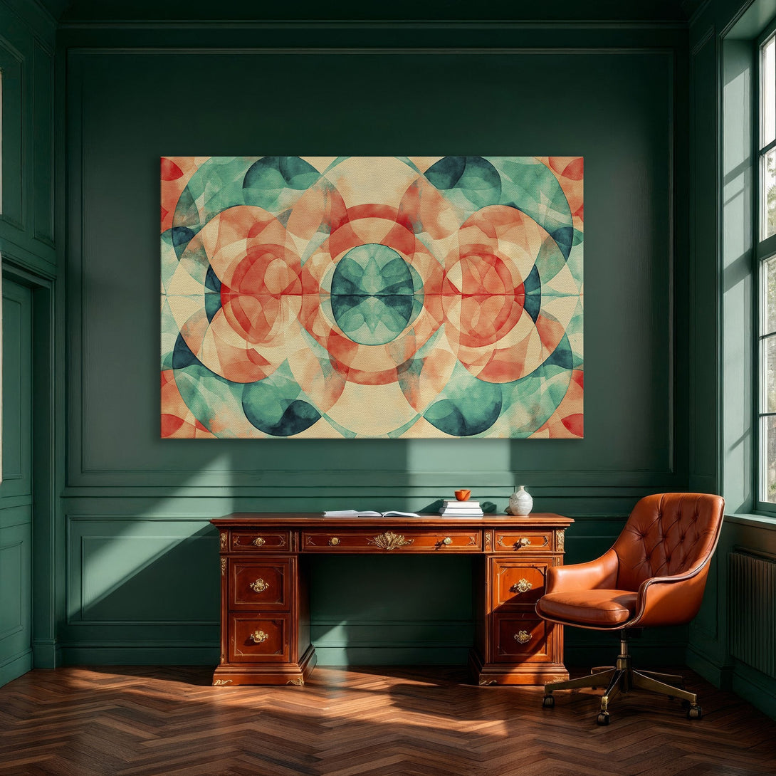 Framed Wall Art: Abstract geometric design in teal, coral, and beige. Modern art canvas print adds a pop of color to any dining room.