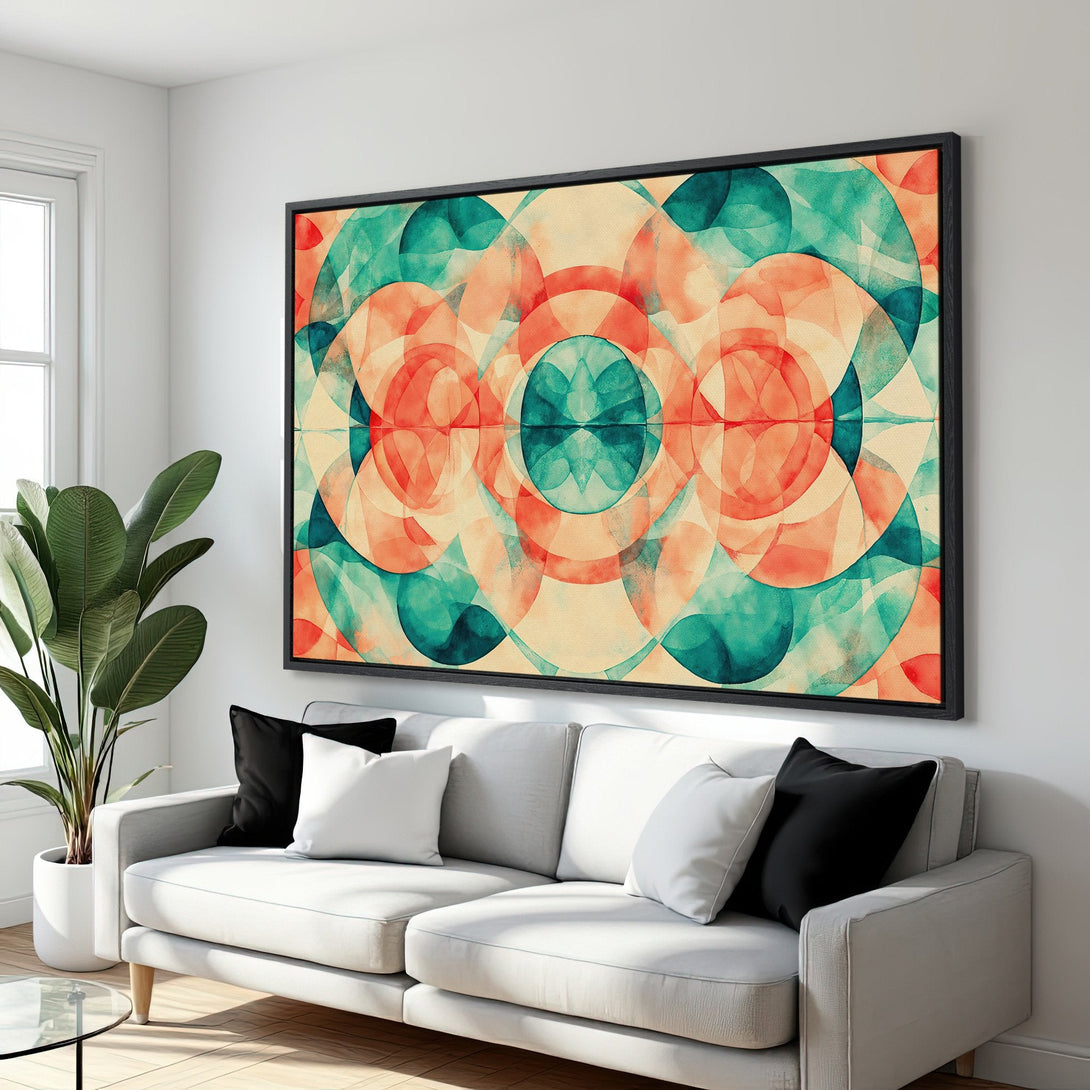 Framed Wall Art: Abstract watercolor art in teal, coral, and cream tones. Modern canvas print adds a pop of color to any living room. Shop now!