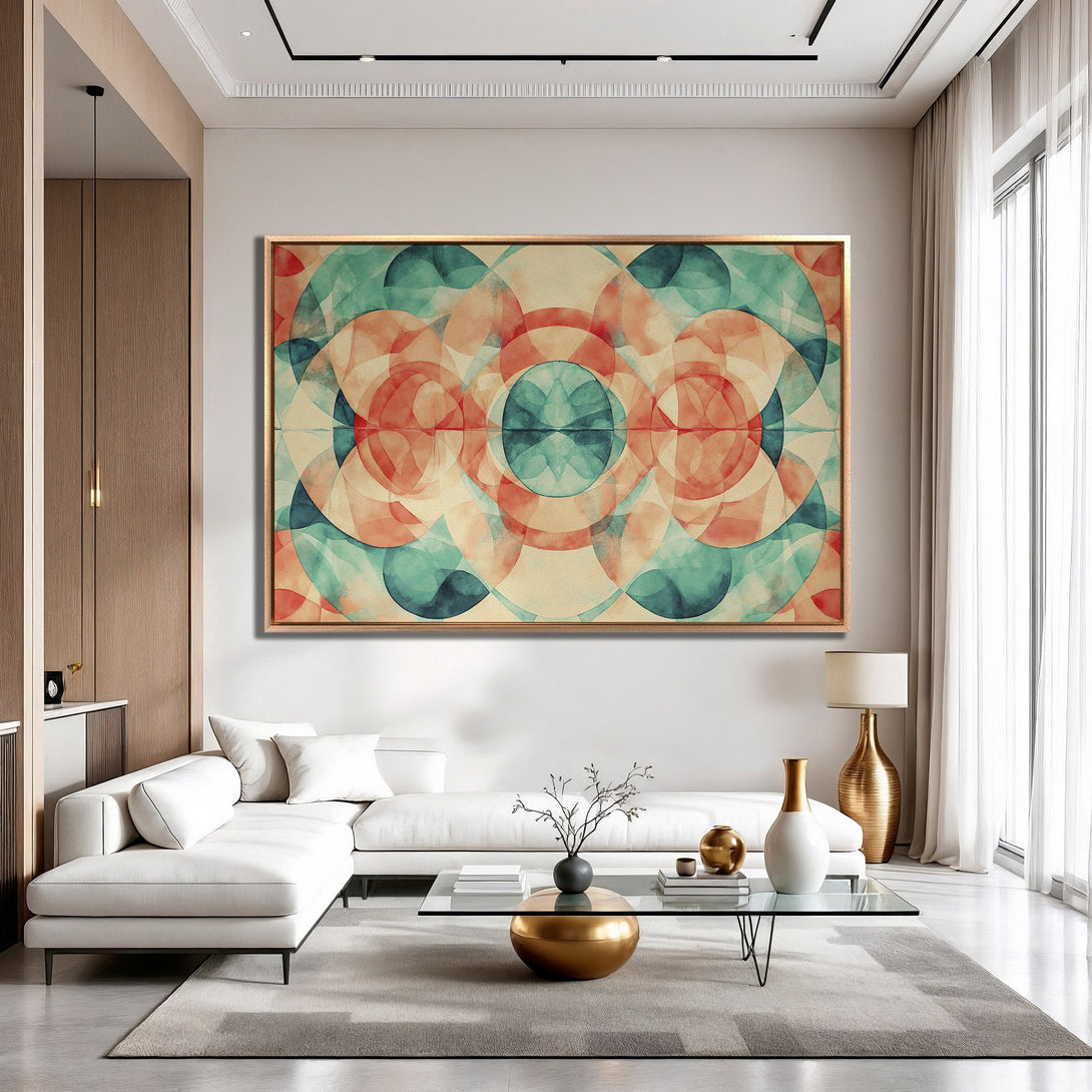 Framed Wall Art: Abstract geometric design in teal, coral, and beige. Modern art canvas print adds a pop of color to a stylish living room.