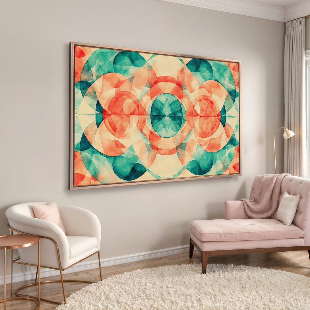 Framed Wall Art featuring an abstract geometric design in teal, coral, and cream hues. Modern canvas print adds a pop of color to any interior.
