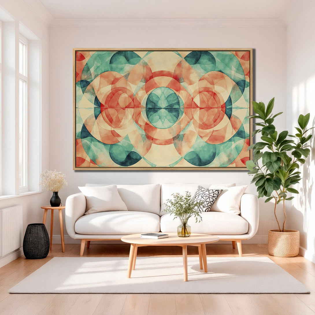 Framed Wall Art: Abstract geometric design in teal, coral, and beige. Modern Canvas Print adds a pop of color and style to any living room.