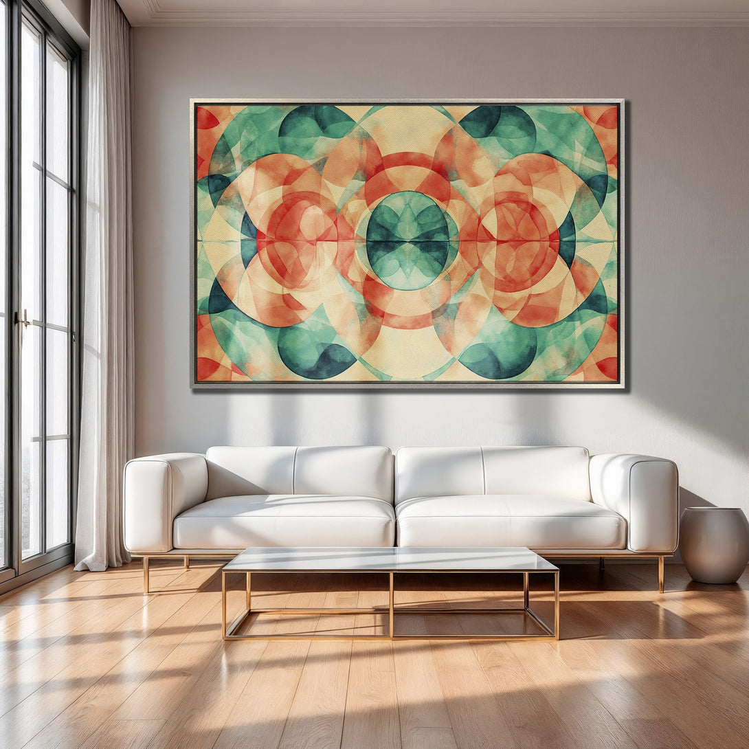 Framed Wall Art: Abstract geometric art in teal, coral, and beige. Modern Canvas Print adds a pop of color to any living room.