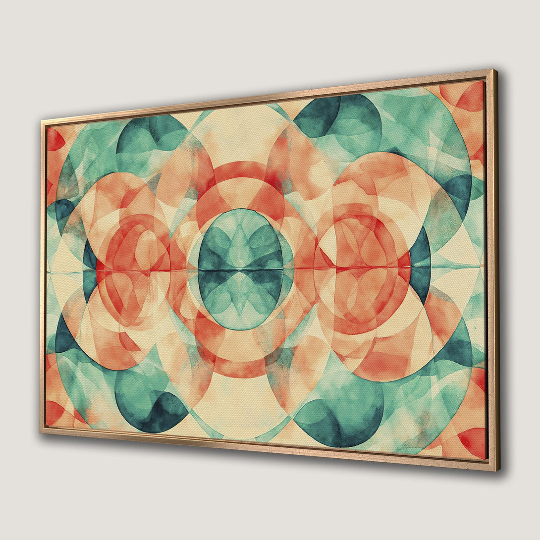 Framed Wall Art featuring an abstract watercolor design in teal, coral, and beige. Modern art for your home decor.