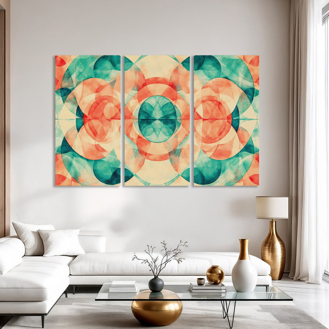 Abstract Canvas Print art with a vibrant teal, coral, and cream color palette. Modern geometric design perfect for living room decor.