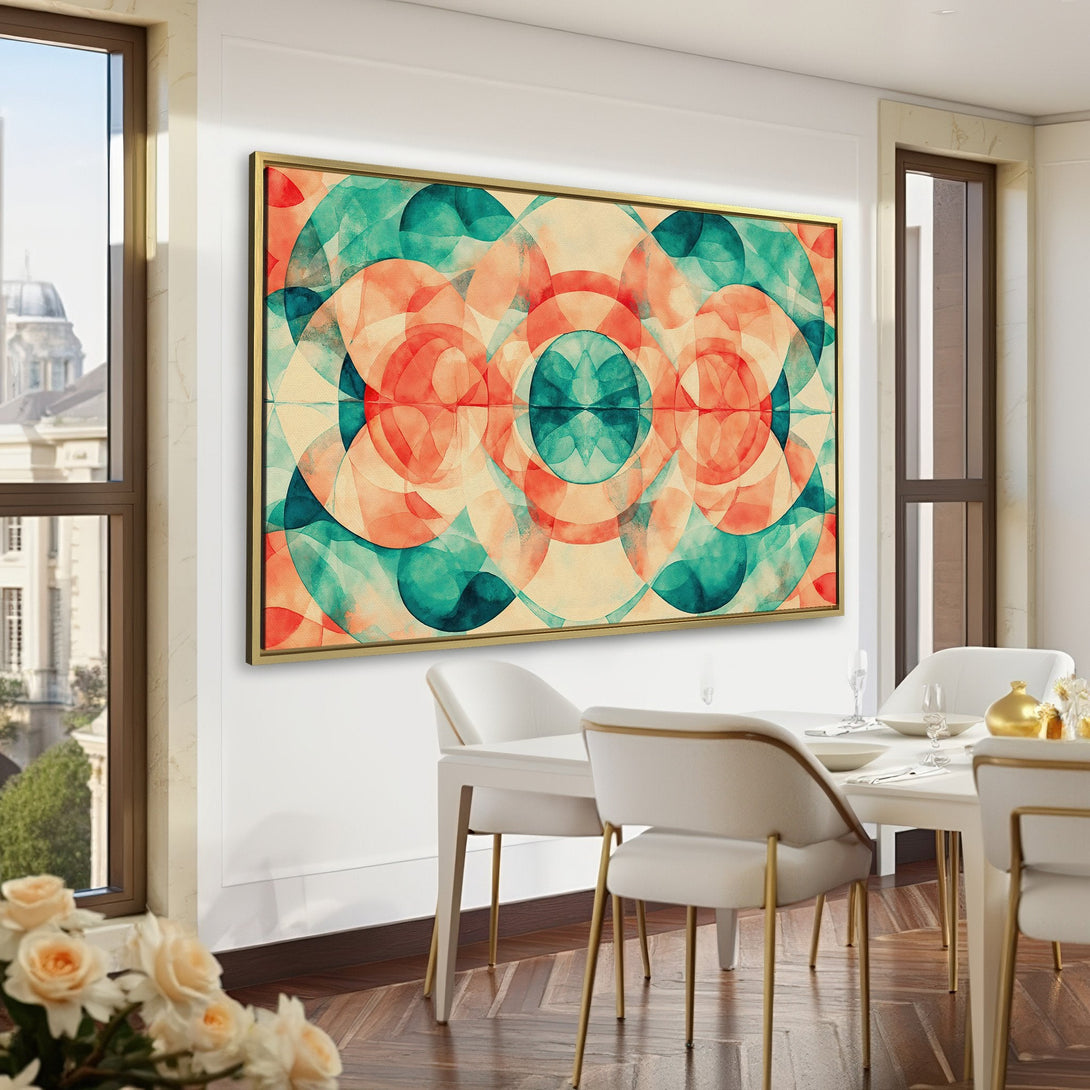 Canvas Print featuring a geometric abstract design in teal, coral, and beige. Perfect wall art for a stylish interior.