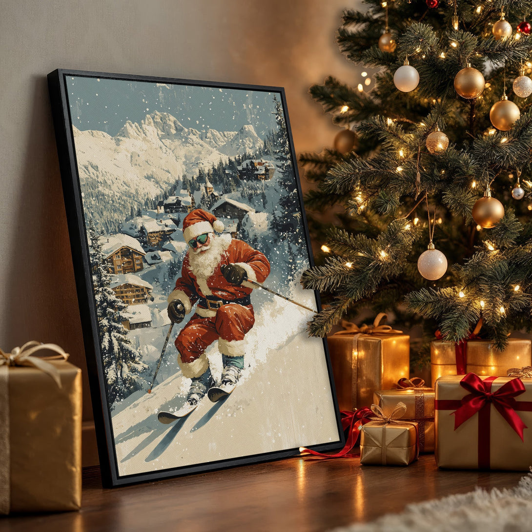 Framed Wall Art: Santa skiing in a snowy mountain scene, vintage style. Warm red, white, and blue tones. Perfect Christmas decor!