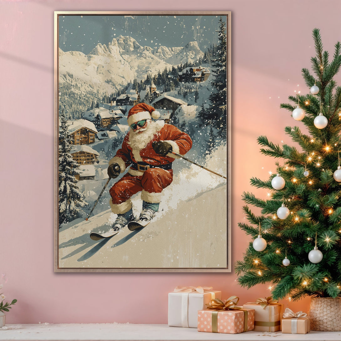 Framed Wall Art featuring Santa skiing in a snowy mountain village. Vintage style with a warm, festive color palette of reds, blues, and whites. Perfect Christmas decor!