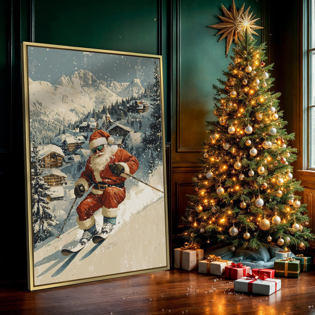 Canvas Print featuring Santa skiing in a snowy mountain village, vintage style, with a warm red and cool blue color palette.