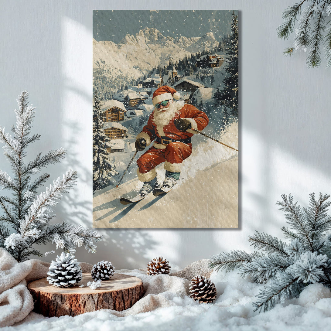 Framed Wall Art: Santa skiing in snowy mountains, vintage style, warm red & cool blue palette. Perfect Christmas decor!