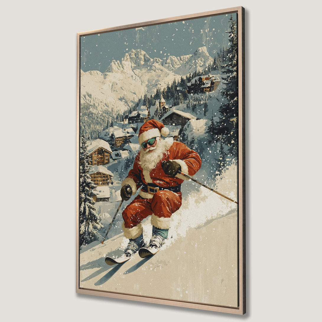 Framed Wall Art featuring Santa skiing in a snowy mountain village. Vintage style with a warm, neutral color palette. Perfect Christmas decor!