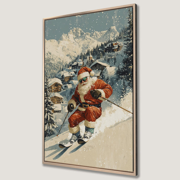 Framed Wall Art featuring Santa skiing in a snowy mountain village. Vintage style with a warm, neutral color palette. Perfect Christmas decor!