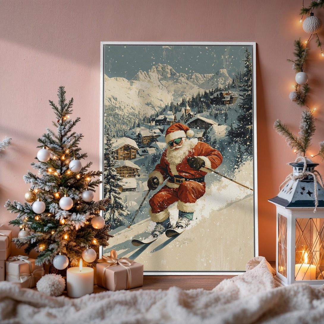 Framed Wall Art featuring Santa skiing in a vintage style, with a warm, festive color palette. Perfect Christmas decor!