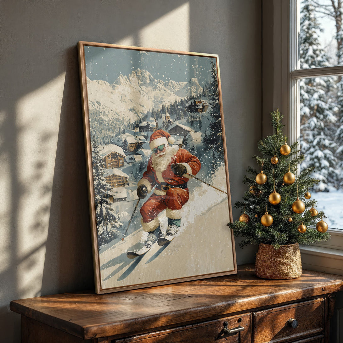 Framed Wall Art featuring Santa skiing in the Alps. Winter scene with a warm, vintage color palette. Perfect Christmas decor!
