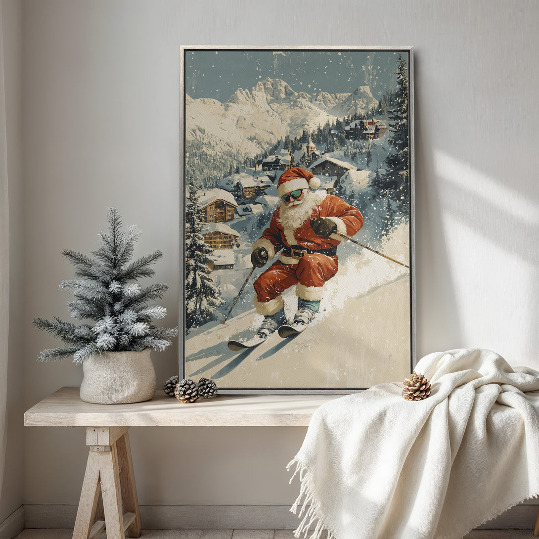 Framed Wall Art featuring Santa skiing in the mountains. Festive winter scene with a red, white, and blue color palette, perfect for holiday decor.