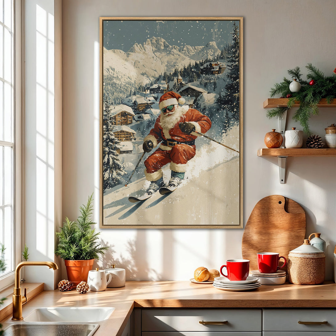 Framed Wall Art featuring Santa skiing in a snowy mountain village. Warm red and cool blue color palette. Perfect Christmas decor for your home!