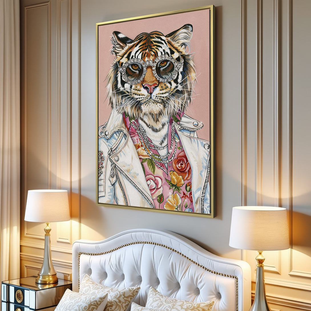 Canvas Print of a stylish tiger in sunglasses, wearing a jacket. Modern art with a pink and neutral color palette.