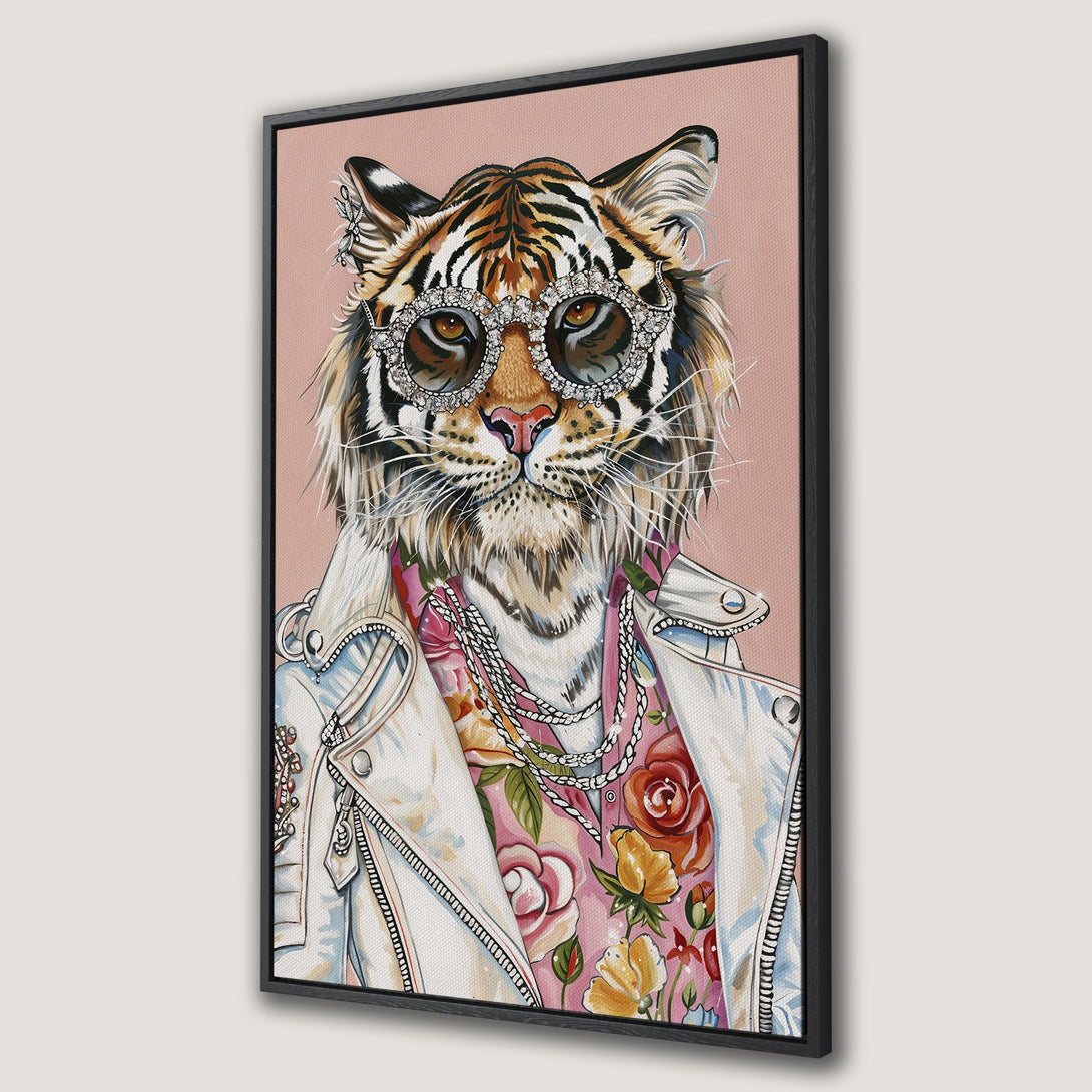 Framed Wall Art: Stylish tiger portrait with sunglasses, wearing a jacket, and floral shirt. Pink, white, and orange color palette. Unique wall decor.