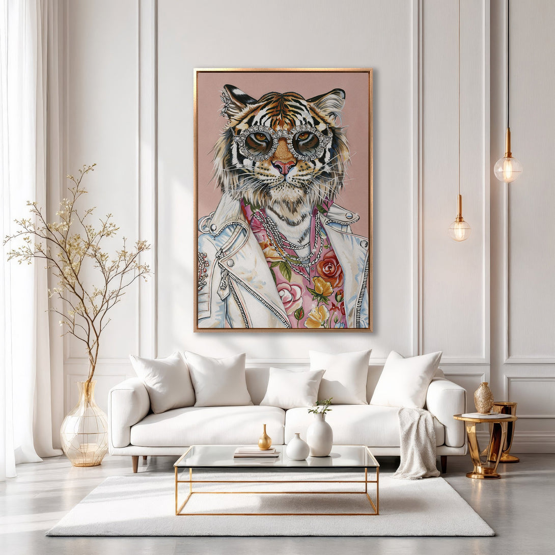 Framed Wall Art: Stylish tiger portrait with sunglasses in a modern interior. Featuring a gold frame, pink, white, and gold color palette. Elevate your space!