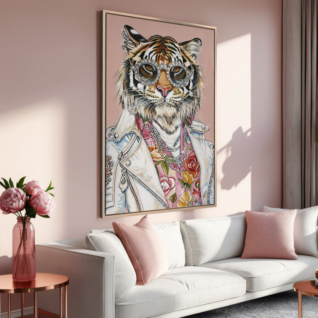 Framed Wall Art: Stylish tiger portrait in a pink and gold interior. Modern canvas print with a chic, vibrant color palette. Perfect for home decor.