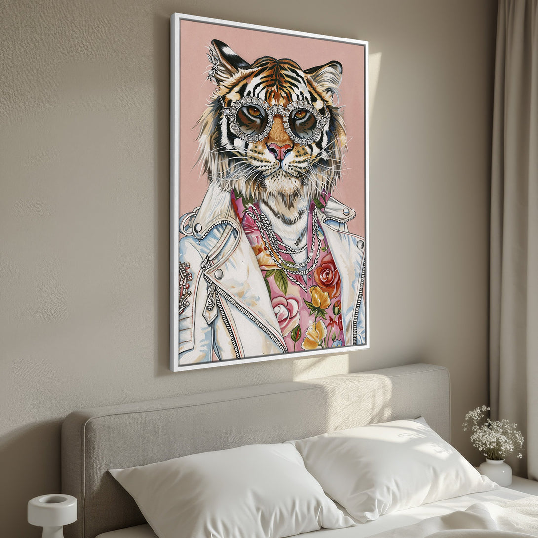Framed Wall Art: Stylish tiger portrait with sunglasses, in a modern, colorful style. Pink, white, and gold palette. Perfect bedroom decor.