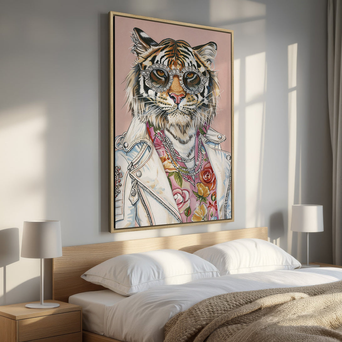 Framed Wall Art: Stylish tiger portrait with sunglasses, in a modern, colorful style. Perfect for bedroom decor! Features pink, white, and gold hues.