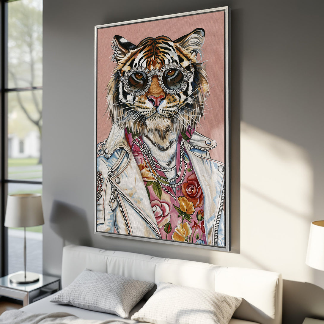 Framed Wall Art: Stylish tiger portrait with sunglasses. Modern art in pink, white, and brown tones. Perfect for a bedroom or living room decor.