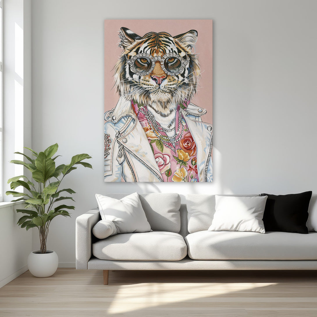 Framed Wall Art: Stylish tiger portrait with sunglasses, wearing a jacket and floral shirt. Pink, gold, and neutral tones. Perfect for modern home decor.