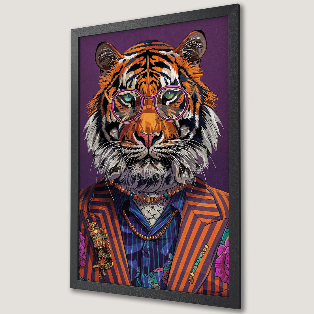 Framed Poster featuring a stylish tiger wearing glasses, vibrant colors, and a purple background. Pop art style.