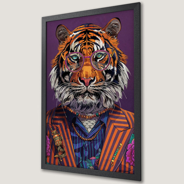 Framed Poster featuring a stylish tiger wearing glasses, vibrant colors, and a purple background. Pop art style.