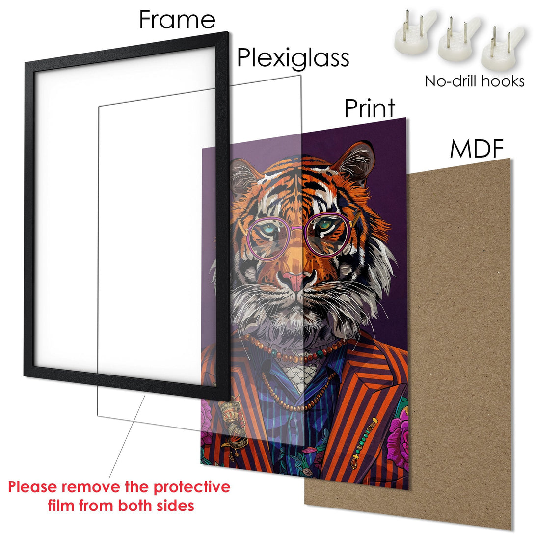 Framed Poster featuring a stylish tiger in a suit, vibrant orange & purple palette. Modern art for your home!