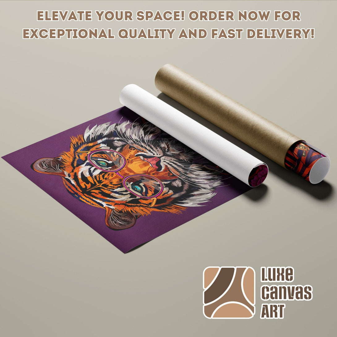 Tiger Poster Roll, vibrant art print in purple and orange, ready to elevate your space! Order now!