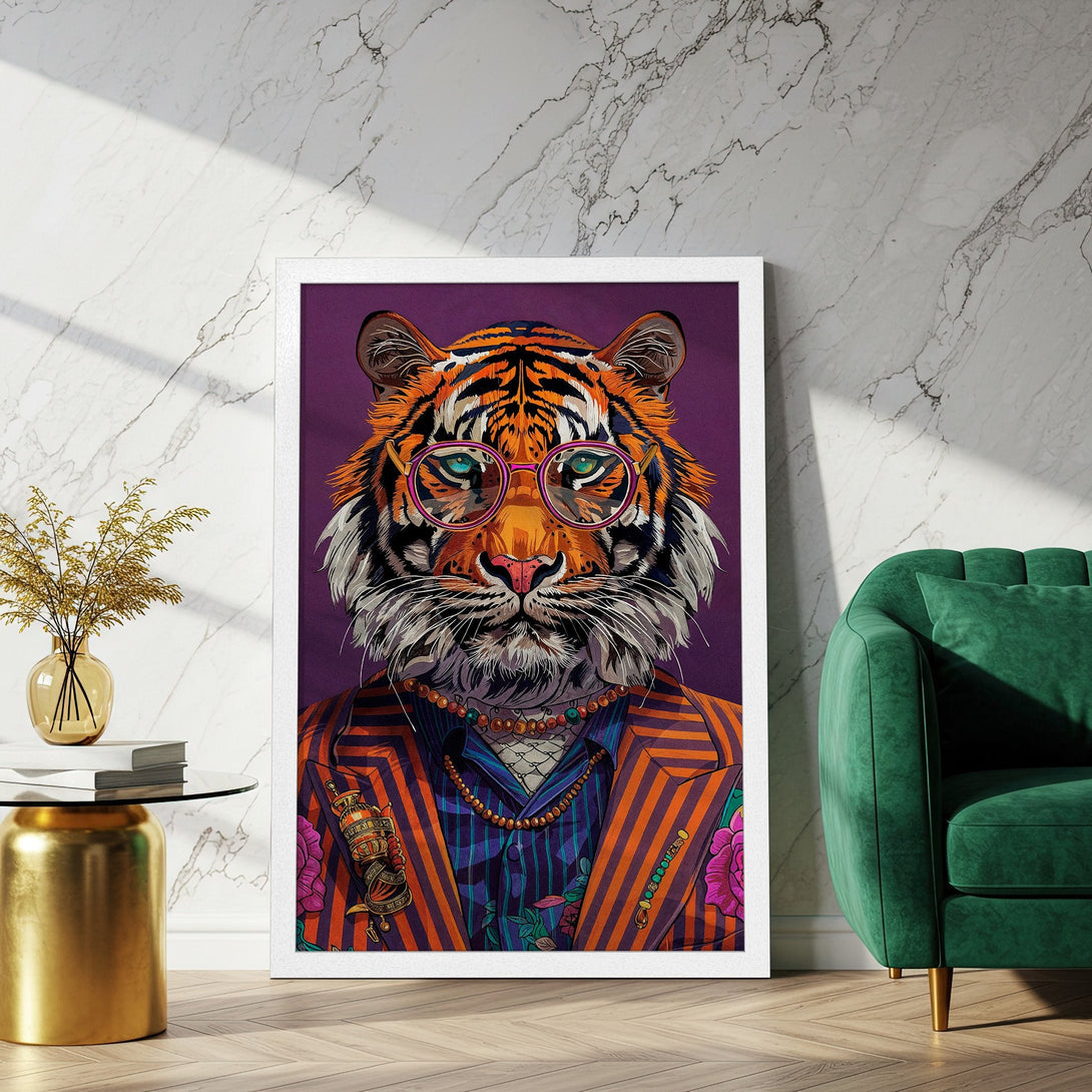 Framed Poster featuring a stylish tiger in a suit, vibrant colors, and a purple background. Modern art print for your home.