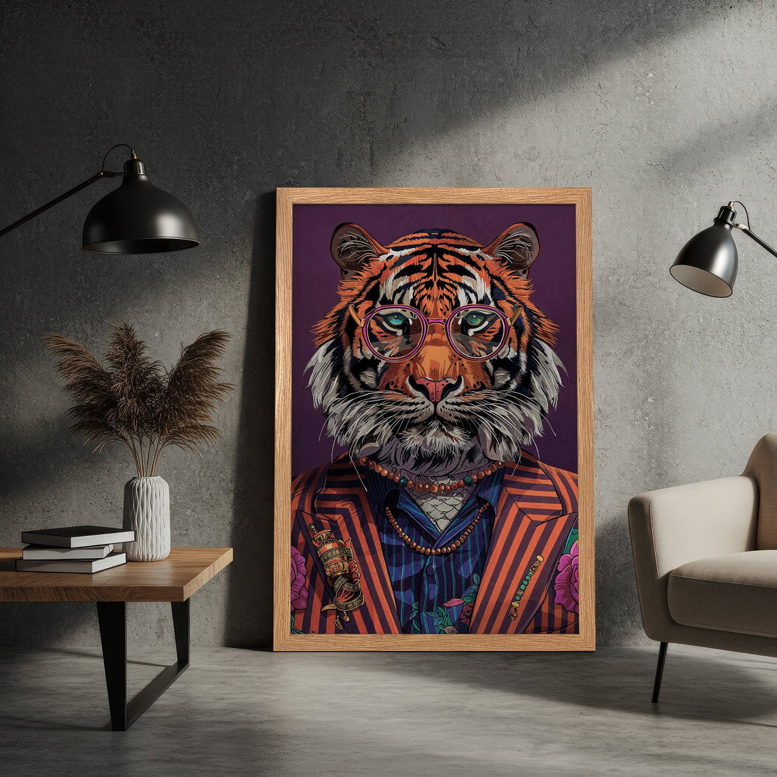 Framed Poster featuring a stylish tiger in a suit. Bold, colorful illustration with orange, purple, and teal tones. Perfect wall art!