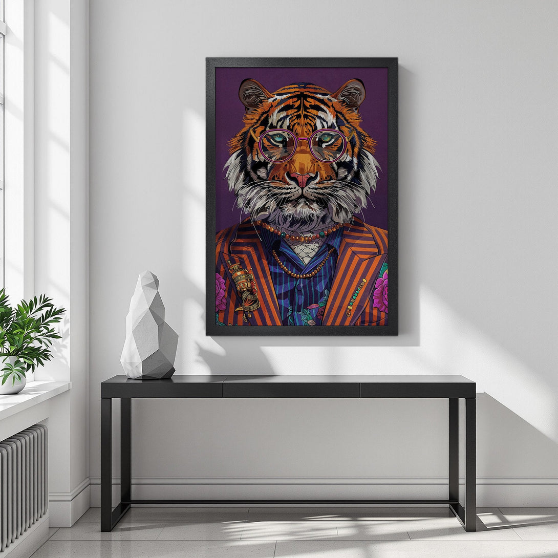 Framed Poster featuring a stylish tiger in a suit. Vibrant colors on a purple background. Perfect wall art for your home!