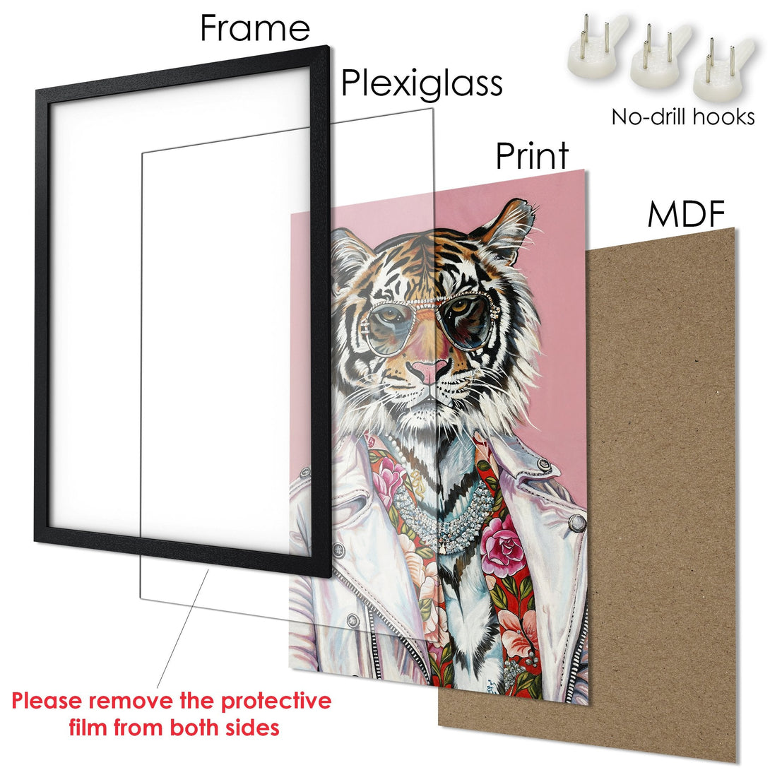 Framed Poster featuring a stylish tiger in sunglasses, vibrant colors, and a pink background. Modern art print.