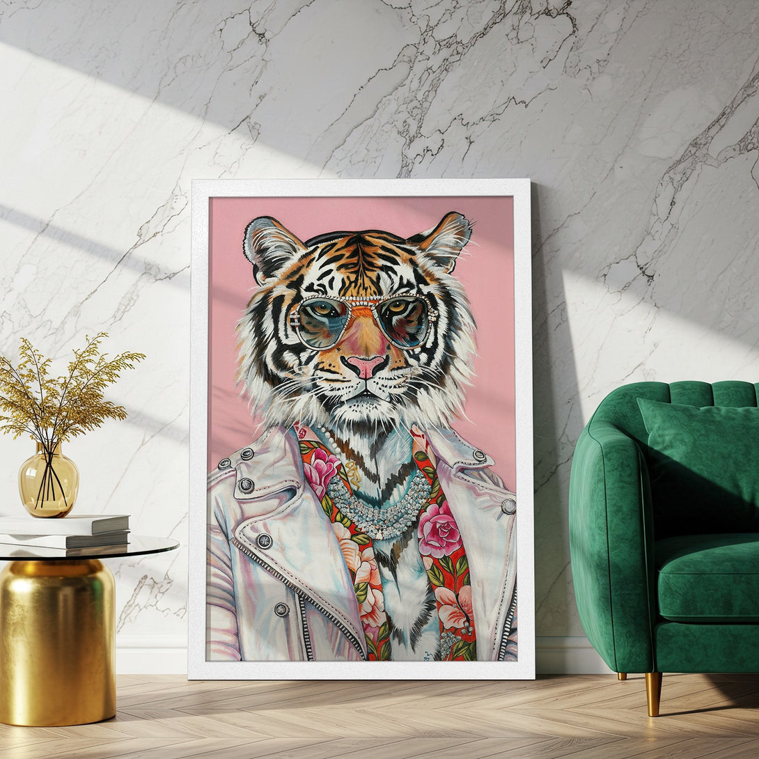 Framed Poster of a stylish tiger in sunglasses, vibrant colors, and a pink background. Modern art for home decor.