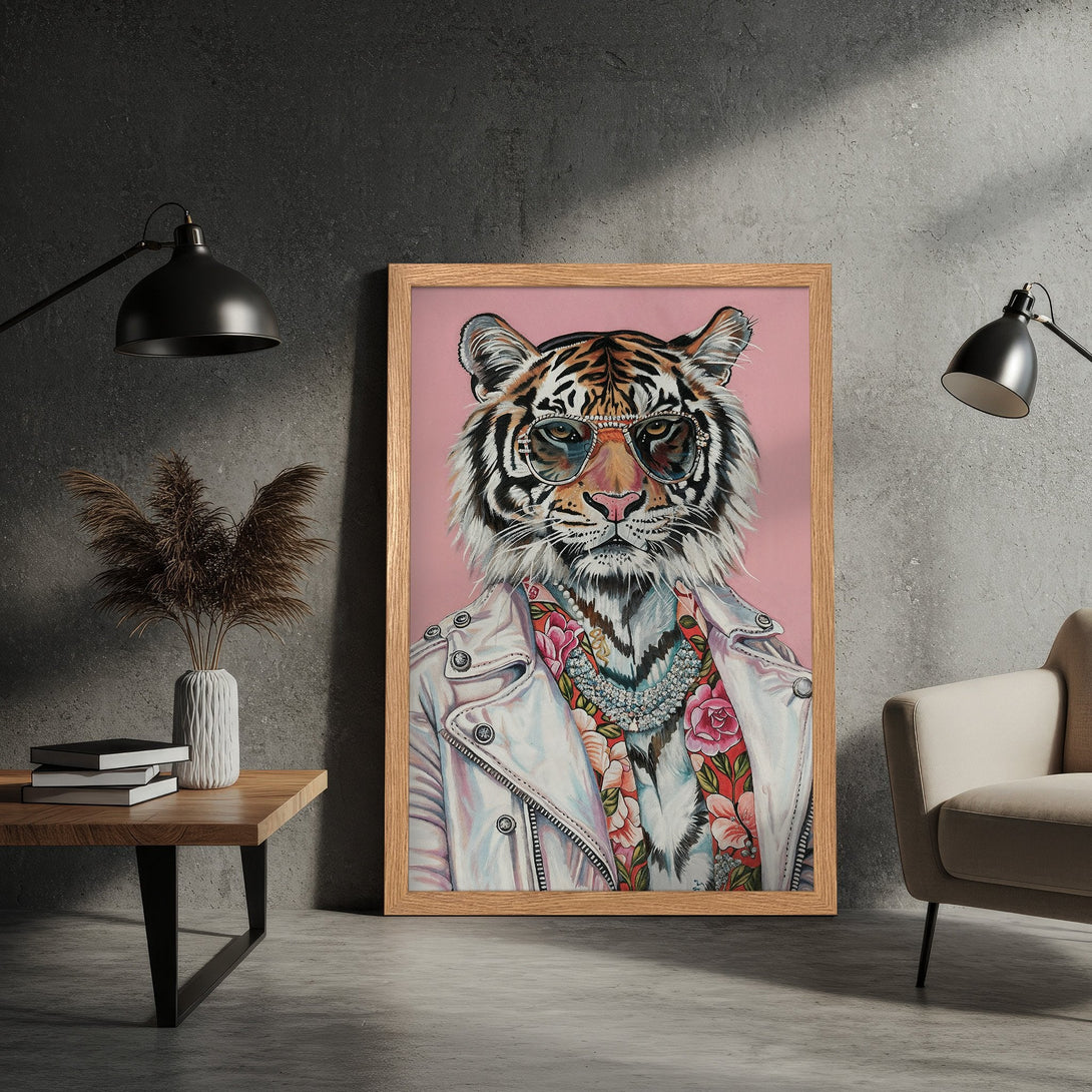 Framed Poster featuring a stylish tiger portrait in a vibrant, pink and neutral color palette. Modern art for your home!