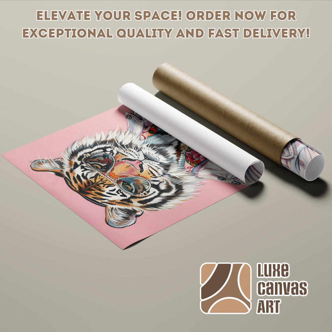Poster Roll featuring a cool tiger art print in a pink and brown palette. Order now!