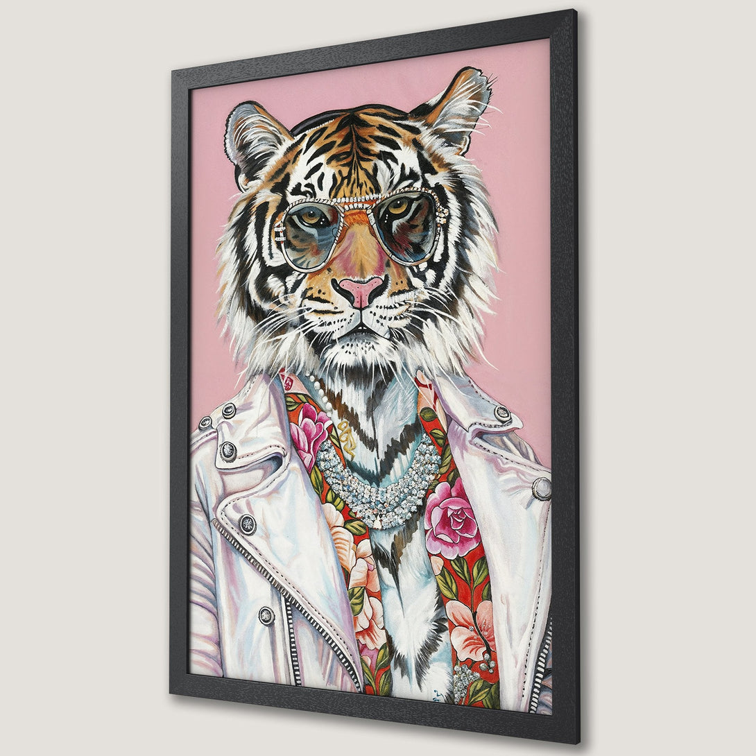 Framed Poster featuring a stylish tiger wearing sunglasses & jacket on a pink background. Pop art style with vibrant colors.