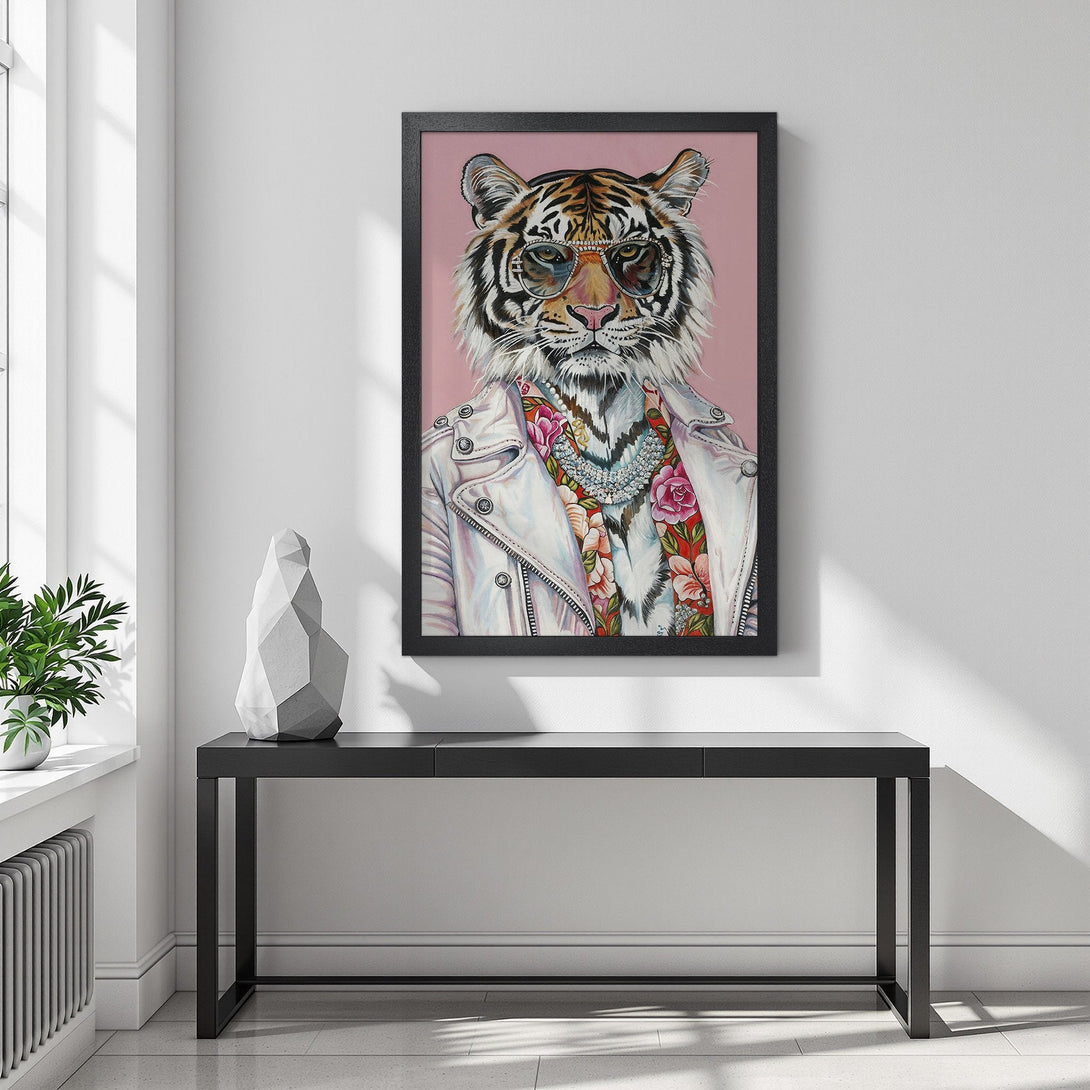 Framed Poster featuring a stylish tiger in sunglasses, vibrant colors on a pink background. Modern art for home decor.