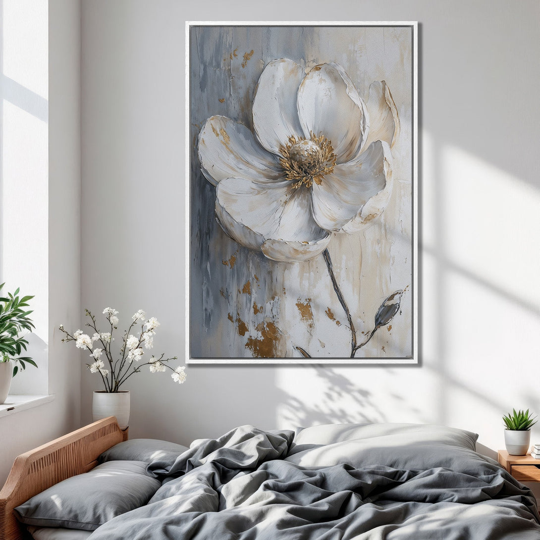 Framed Wall Art: Elegant white flower painting with gold accents. Neutral color palette, perfect for bedroom decor. Add a touch of art to your space!