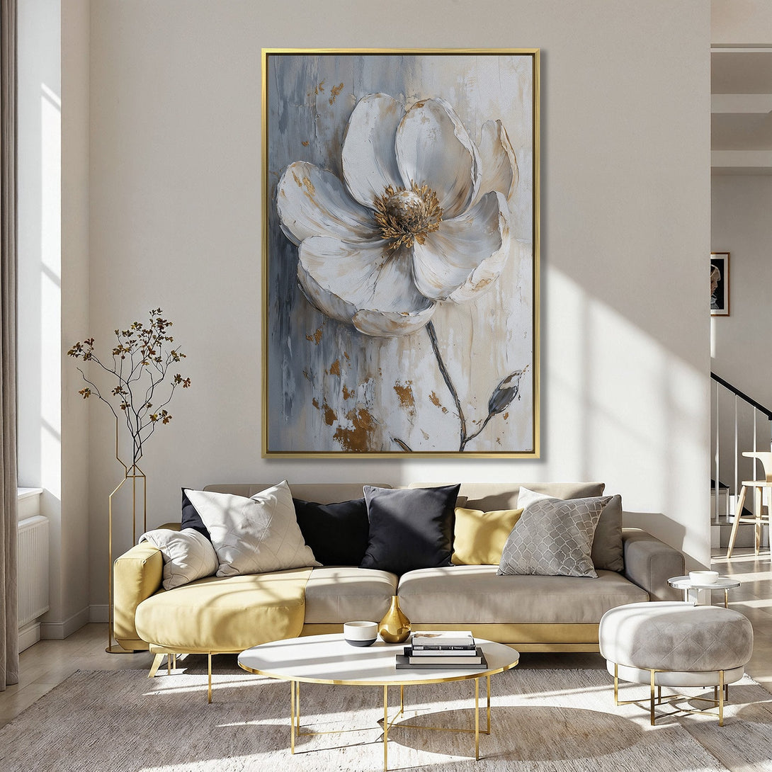 Canvas Print: Large white flower art with gold accents, displayed in a kitchen. Modern, elegant wall decor in a neutral and pink color palette.