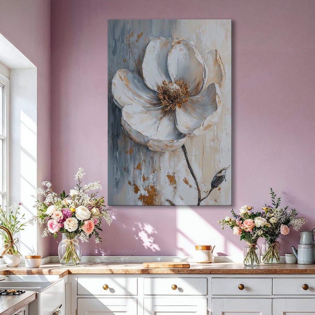 Framed Wall Art: Stunning white flower canvas print in a modern interior. Neutral color palette with gold accents, perfect for elegant home decor.